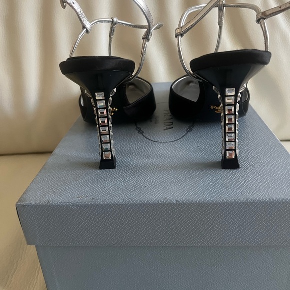 Prada Black Pump with Silver T-Strap and Crystal Heel - Picture 3 of 7